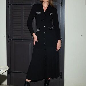 Button-Front Black Maxi Dress with Contrast Stitching
